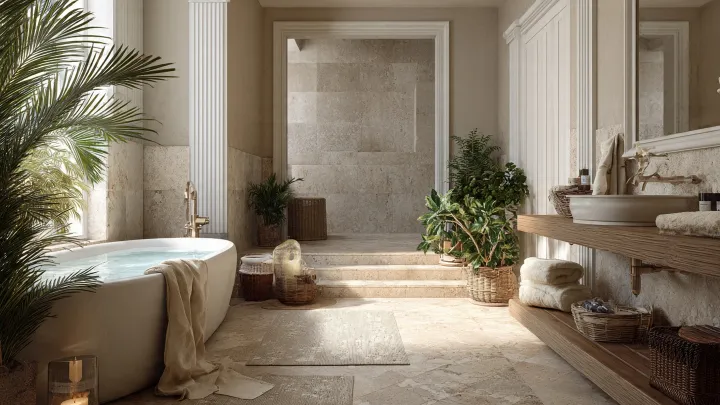 Bagno spa beige con vasca freestanding, top in legno naturale e rivestimenti in pietra chiara