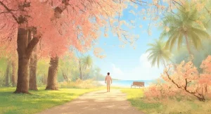 Persona che cammina su un sentiero tra alberi in fiore rosa e palme, con panchina e mare sullo sfondo sotto un cielo azzurro luminoso