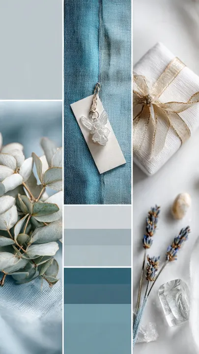 Moodboard bomboniera battesimo con palette celeste, lino, eucalipto, lavanda, angelo e nastro oro