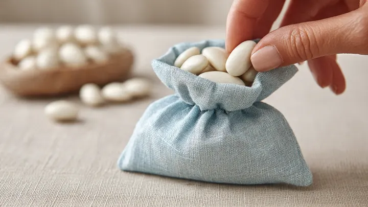 Mano che inserisce confetti bianchi in un sacchettino bomboniera in lino celeste