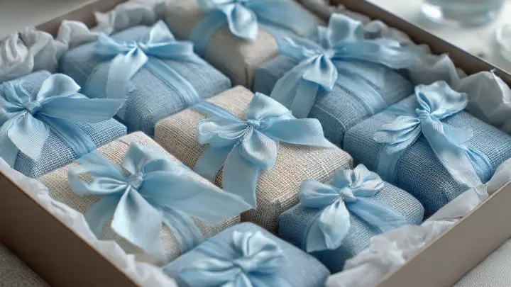 Scatola con bomboniere battesimo fai da te in lino celeste e juta naturale con fiocchi azzurri