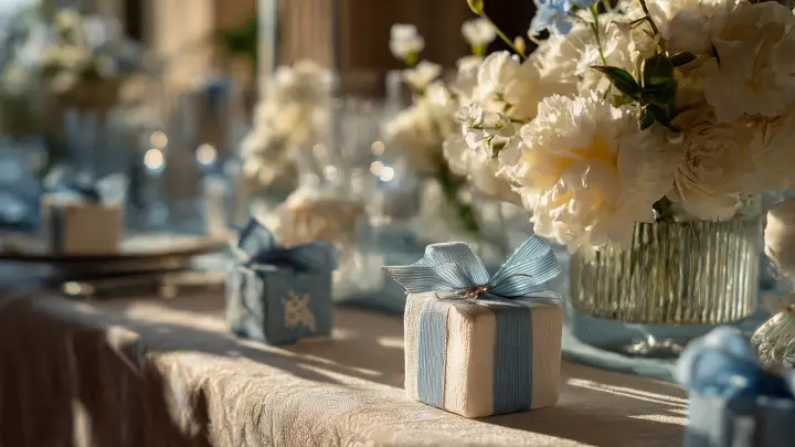 Bomboniere battesimo fai da te in lino celeste con fiocco azzurro su tavola apparecchiata con fiori bianchi