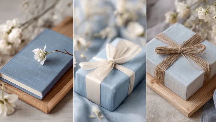 Trittico varianti bomboniera battesimo in lino celeste con fiore bianco, nastro avorio e spago naturale