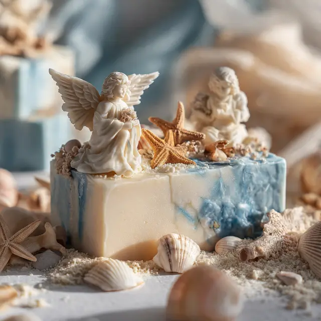Saponetta artigianale per bomboniera battesimo con angelo scolpito, decorata con stelle marine e conchiglie su base marmorizzata azzurra e avorio