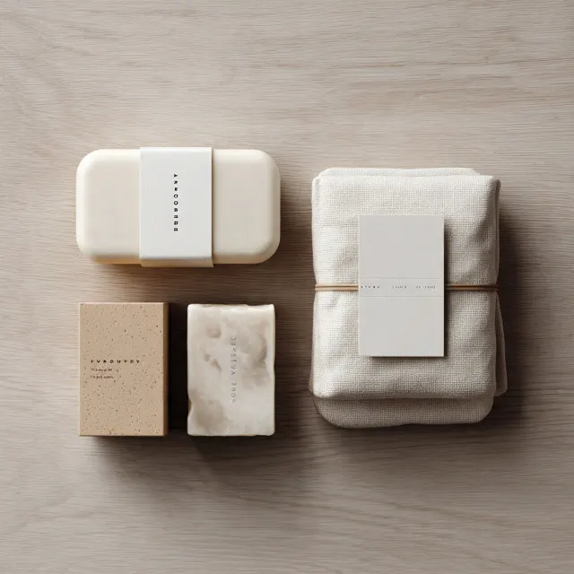 Set bomboniera battesimo minimal 2026 con saponette neutre, scatolina kraft e panno in lino naturale con cartoncino personalizzabile