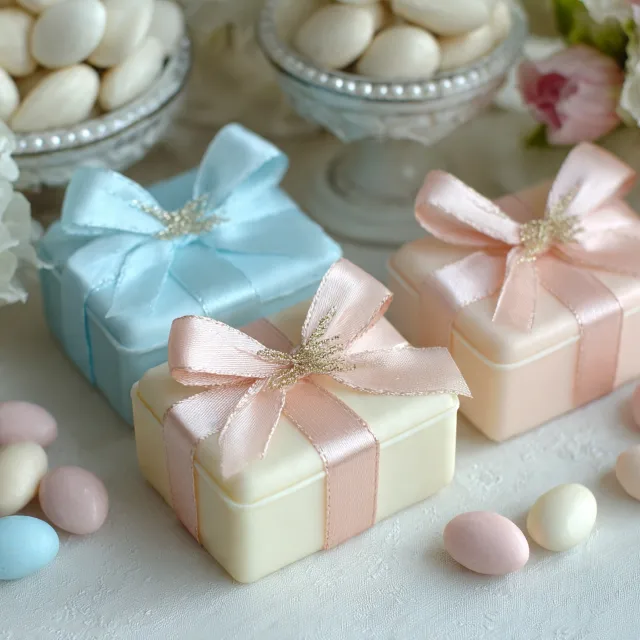 Tre saponette a forma di pacchetto regalo per bomboniera battesimo, nei colori pastello azzurro, pesca e avorio, decorate con fiocco in raso e confetti