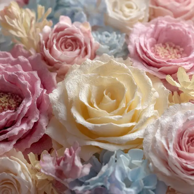Bouquet di rose di saponetta per bomboniera battesimo, fiori artigianali nei toni pastello rosa cipria, avorio e azzurro polvere