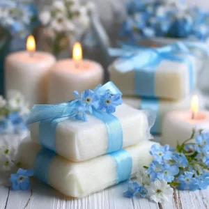 Saponette profumate fatte a mano per bomboniere battesimo, confezionate con organza bianca e nastro celeste, decorate con fiorellini azzurri su sfondo di candele accese