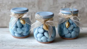 Bomboniere celeste fai da te economiche con vasetti terracotta azzurri e confetti per matrimonio 2026