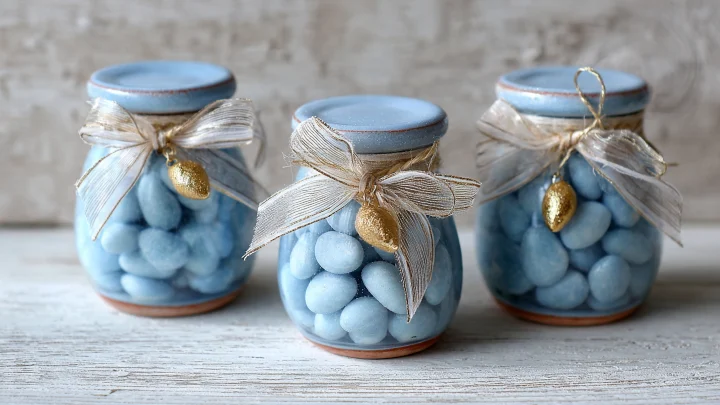 Bomboniere celeste fai da te economiche con vasetti terracotta azzurri e confetti per matrimonio 2026