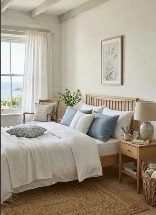 Camera da letto Coastal Grandmother con letto in legno chiaro, biancheria in lino bianco e celeste polvere, comodino in rovere, tappeto in juta e finestra con vista mare