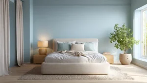 Camera da letto moderna con pareti celeste polvere, letto beige imbottito, parquet in rovere, biancheria in lino bianca e beige, cuscini azzurri, comodini in legno chiaro, luce naturale del mattino e pianta verde