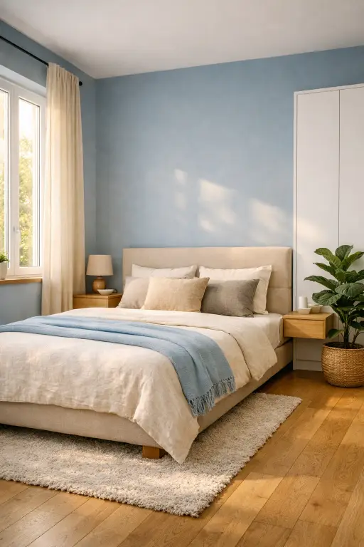 Camera da letto elegante con pareti celeste polvere, parquet in rovere naturale, armadio bianco opaco, tende in lino e letto matrimoniale beige illuminato da luce naturale pomeridiana.