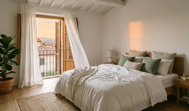 Camera da letto fresca senza condizionatore con biancheria in lino bianco, tende leggere al vento e luce calda del tramonto
