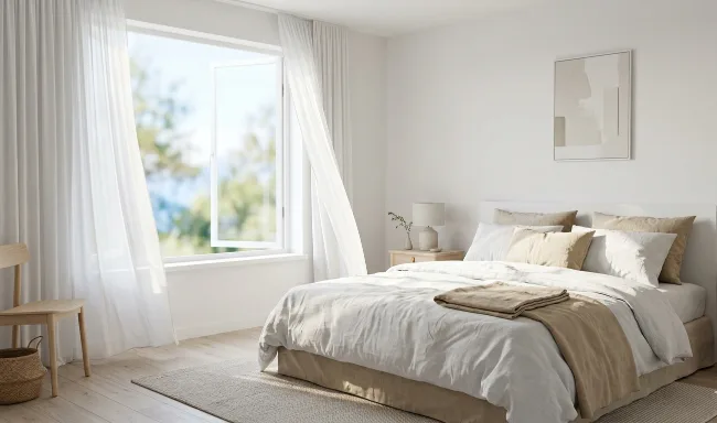 Camera da letto luminosa e minimal in toni neutri. Pareti bianche, pavimento in legno chiaro, letto con lenzuola e cuscini bianco e beige. Grande finestra aperta con tende bianche leggere che si muovono al vento, luce naturale e atmosfera fresca estiva.