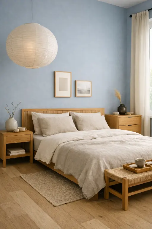 Camera da letto Japandi con pareti celeste polvere, mobili in rovere naturale, biancheria in lino beige e lampada in carta di riso.
