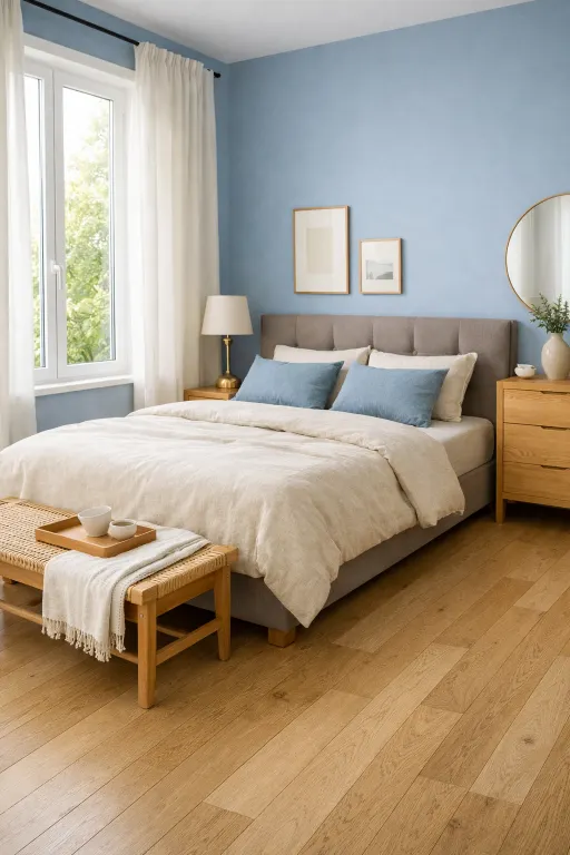 Interno moderno con letto tortora vicino alla finestra, panca intrecciata ai piedi del letto, parete celeste polvere opaca, parquet in rovere chiaro e cassettiera in legno naturale con specchio rotondo.
