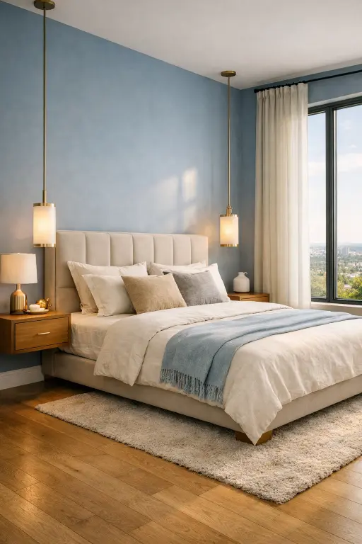 Camera da letto di lusso con pareti celeste polvere, letto matrimoniale con testiera imbottita, parquet in rovere e dettagli in ottone satinato illuminata da luce naturale.