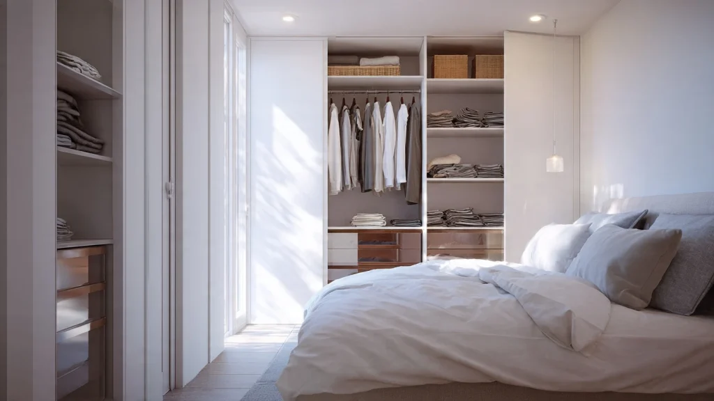 Camera da letto minimalista in un piccolo appartamento con letto ordinato, armadio perfettamente organizzato, soluzioni di storage nascoste, design scandinavo luminoso, interni moderni senza disordine e luce naturale intensa