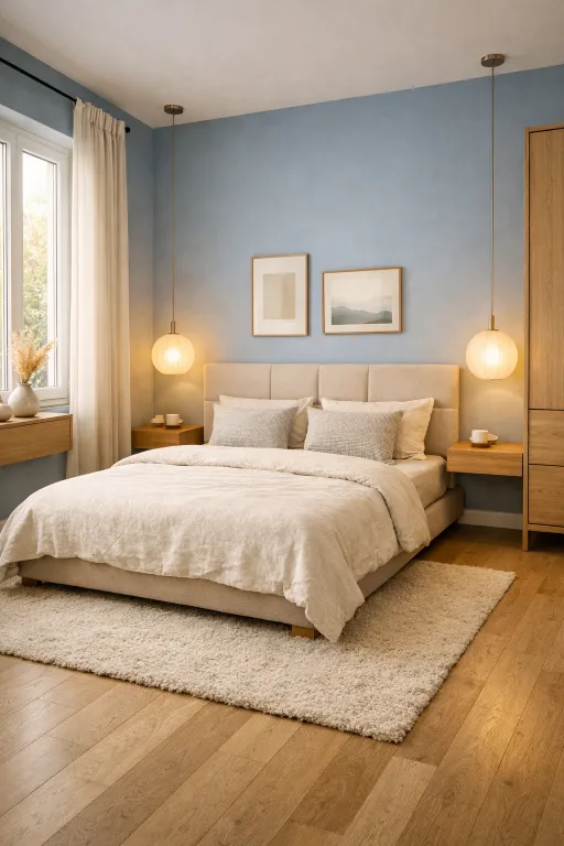 Camera matrimoniale moderna con pareti celeste polvere, testiera imbottita beige, comodini sospesi in rovere naturale, lampade a sospensione in vetro satinato e tappeto in lana chiara su parquet.