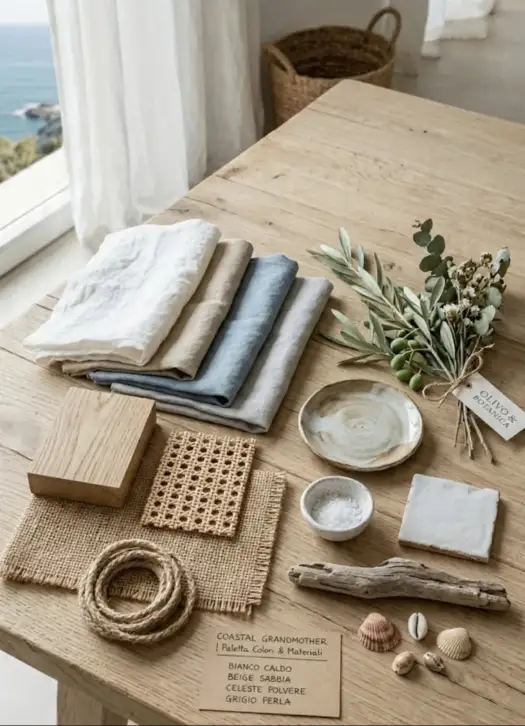 Flat lay di materiali in stile Coastal Grandmother su tavolo in rovere: tessuti in lino bianco caldo, beige sabbia, celeste polvere e grigio perla, campioni in rattan e juta, ceramica artigianale, ramo d'olivo, legno levigato e conchiglie, con cartellino palette colori