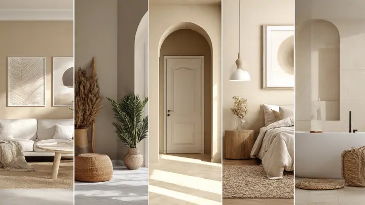 Collage elegante di 4 ambienti con pareti color sabbia: soggiorno, camera da letto, ingresso e bagno, palette neutra e design contemporaneo 2026 in stile magazine