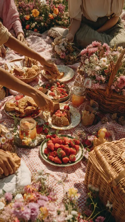 Gruppo di amici che prepara un picnic a tema colore all'aperto, con decorazioni, piatti, cesti, fiori e drink coordinati, estetica moderna e scena estiva ultra realistica