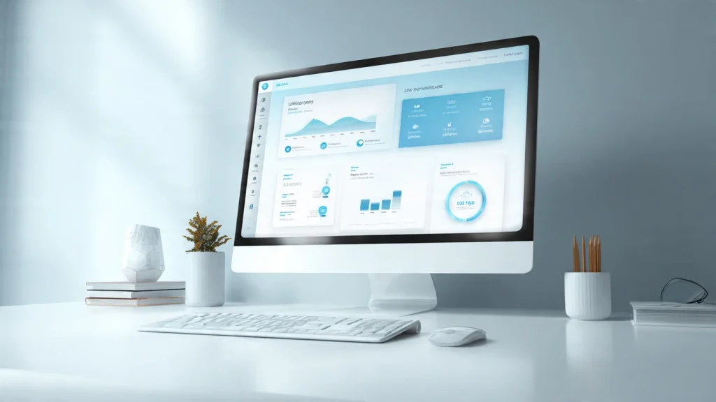 Monitor desktop con dashboard web in tonalità celeste RGB, esempio di UI design minimal con grafici azzurri