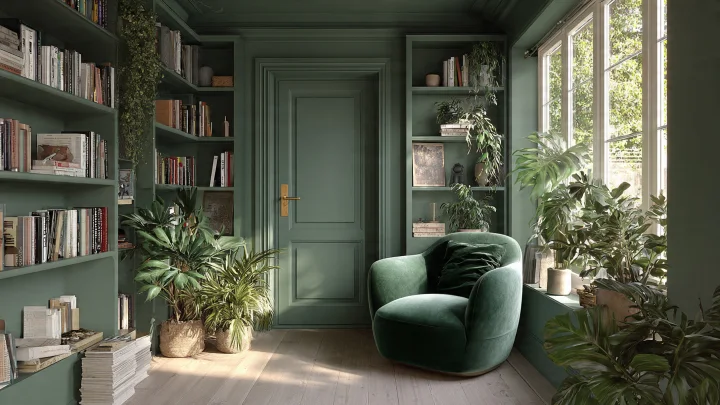 Esempio di colour drenching 2026: stanza con pareti soffitto porta e libreria tinteggiati verde salvia tono su tono