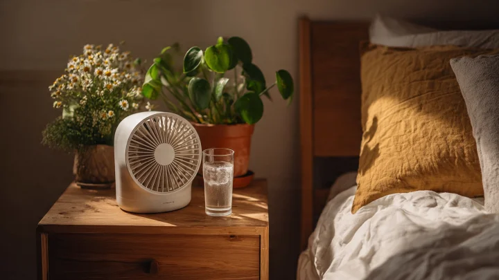Comodino moderno in legno chiaro accanto al letto. Sopra: mini ventilatore da scrivania bianco opaco, bicchiere di acqua ghiacciata con condensa, e pianta Pothos verde brillante in vaso terracotta. Luce naturale brillante, atmosfera fresca estiva indoor, fotografia fotorealistica 35mm 16:9.