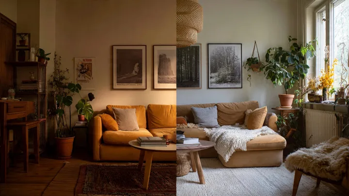 Interno diviso a metà: a sinistra soggiorno caldo e avvolgente con divano senape, luce soffusa, tappeto persiano e piante; a destra soggiorno luminoso stile scandinavo con divano beige, tappeto chiaro, plaid lavorato a maglia e tanta vegetazione vicino alla finestra. Stesso spazio, due mood: moodbo moodby vs aria aperta.