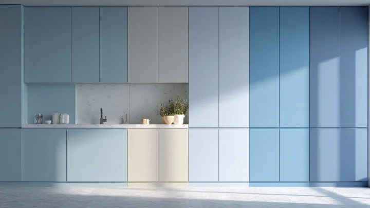 Cucina moderna a parete con ante lisce celeste e bianche, top chiaro e lavello integrato, senza maniglie