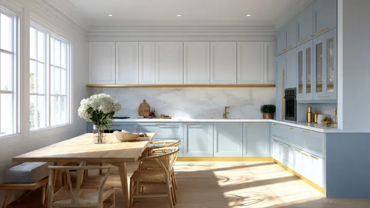Cucina angolare celeste e bianca con basi azzurro polvere, pensili bianchi, dettagli oro e tavolo in legno con sedie in corda