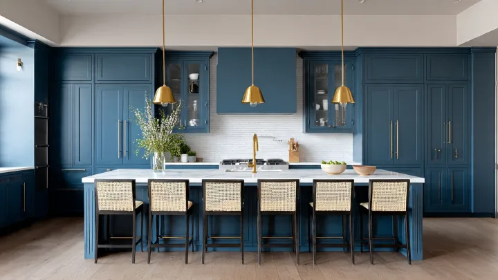 Cucina blu petrolio e bianca con grande isola, sei sgabelli in paglia di Vienna, lampade a sospensione in ottone e backsplash bianco