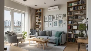Appartamento moderno e piccolo dopo decluttering, soggiorno stile scandinavo luminoso con scaffali organizzati, mobili minimalisti, colori neutri e luce naturale, atmosfera accogliente