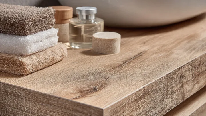 Primo piano del piano in legno effetto rovere di un mobile bagno sospeso con lavabo da appoggio, asciugamani e profumo