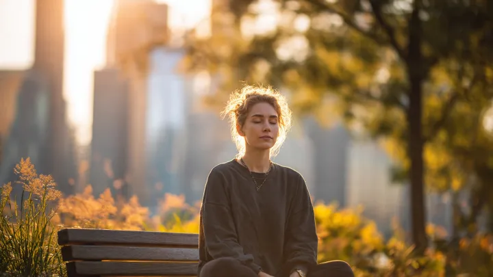 Giovane adulto seduto in pace su una panchina in un parco urbano all'alba, luce naturale soffusa tra gli alberi, espressione calma, skyline cittadino sfocato sullo sfondo, atmosfera di equilibrio emotivo e resilienza, fotografia realistica stile magazine premium