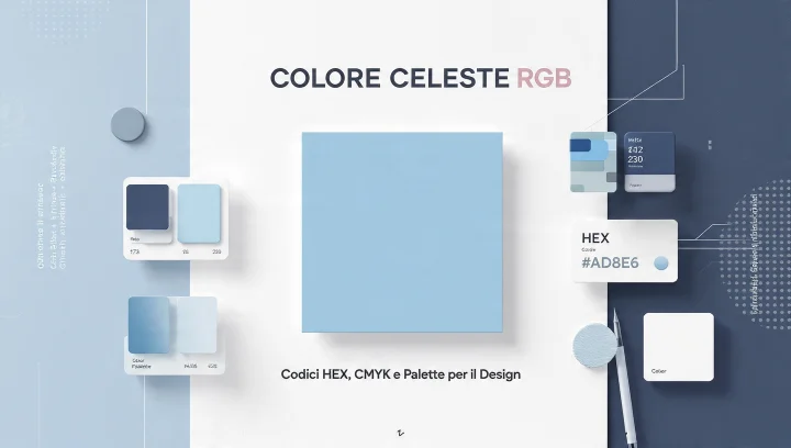 Copertina guida colore celeste RGB con campione centrale azzurro chiaro #ADD8E6, palette di blu, codici HEX e layout minimal design