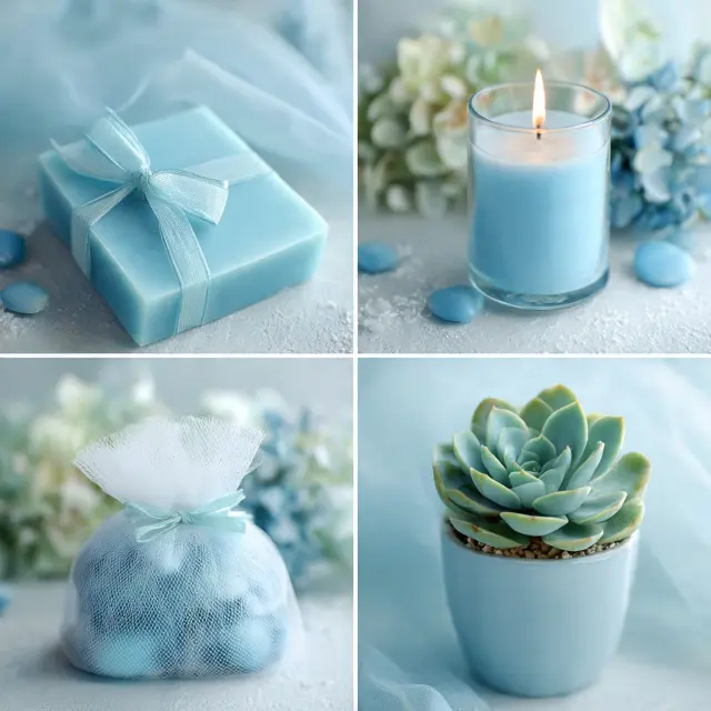 Collage di quattro bomboniere celesti fai da te: saponetta azzurra con nastro, candela in vetro accesa, sacchetto in tulle con confetti e mini succulenta in vaso celeste