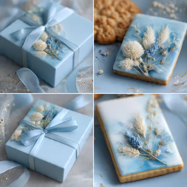 Collage di bomboniere celesti con scatoline azzurre con nastro e fiori secchi e biscotti rettangolari glassati con decorazioni botaniche