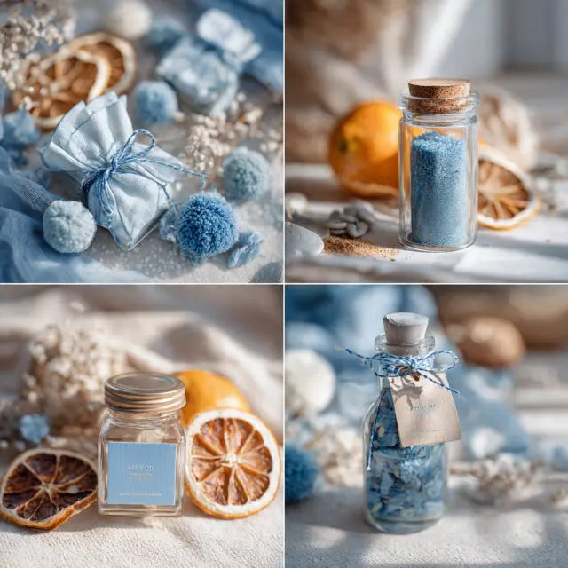 Collage di quattro bomboniere celesti naturali: sacchetto in stoffa legato con spago, fialetta con sali blu, barattolino con etichetta celeste e bottiglietta con petali profumati