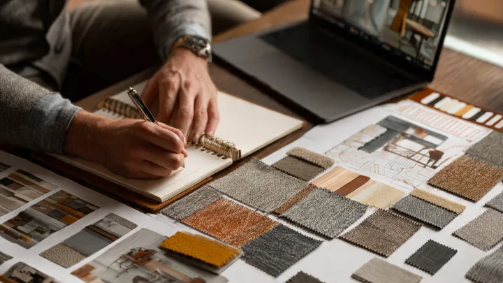 Mani che prendono appunti su un quaderno accanto a un laptop, con palette di campioni di tessuti, legni e colori per interior design disposti sul tavolo