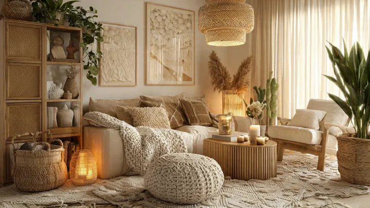 Salotto boho scandinavo con divano beige, poltrona in rattan, pouf lavorato a maglia, lampada sospesa intrecciata e luce naturale calda