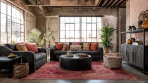 Soggiorno loft industriale con divani grigi, tappeto rosso vintage, cuscini etnici e madia in legno e metallo