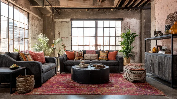 Soggiorno loft industriale con divani grigi, tappeto rosso vintage, cuscini etnici e madia in legno e metallo