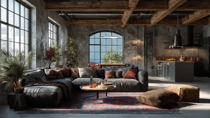 Soggiorno open space stile Industrial Loft con divano in pelle antracite, travi in legno a vista e grandi finestre a griglia