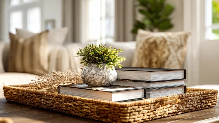 Vassoio in fibre naturali su tavolino con libri e piantina in vaso marmorizzato, soggiorno luminoso stile Natural