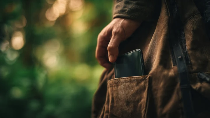 Primo piano di una mano che ripone lo smartphone nello zaino di tela. Sfondo parco verde sfocato con bokeh caldo. Concetto di digital detox e camminata silenziosa, luce naturale moody.