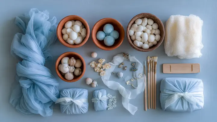 Composizione dall'alto di materiali per bomboniere celesti fai da te: tulle azzurro, ciotole in terracotta con confetti bianchi e celesti, nastri, pennelli e pacchettini avvolti in stoffa
