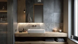 Mobile bagno sospeso in legno naturale con doppia mensola aperta, lavabo bianco da appoggio e parete effetto cemento